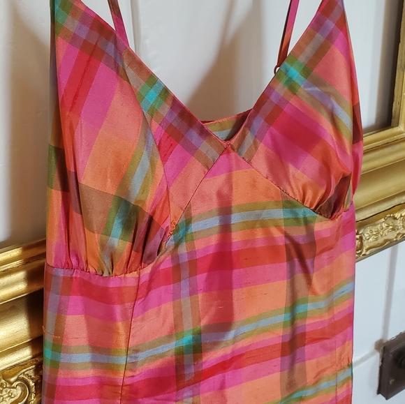 ❤HP❤ Isaac Mizrahi Fuchsia Orange Plaid Midi Silk Dress !🏵HP🏵! - Picture 5 of 11
